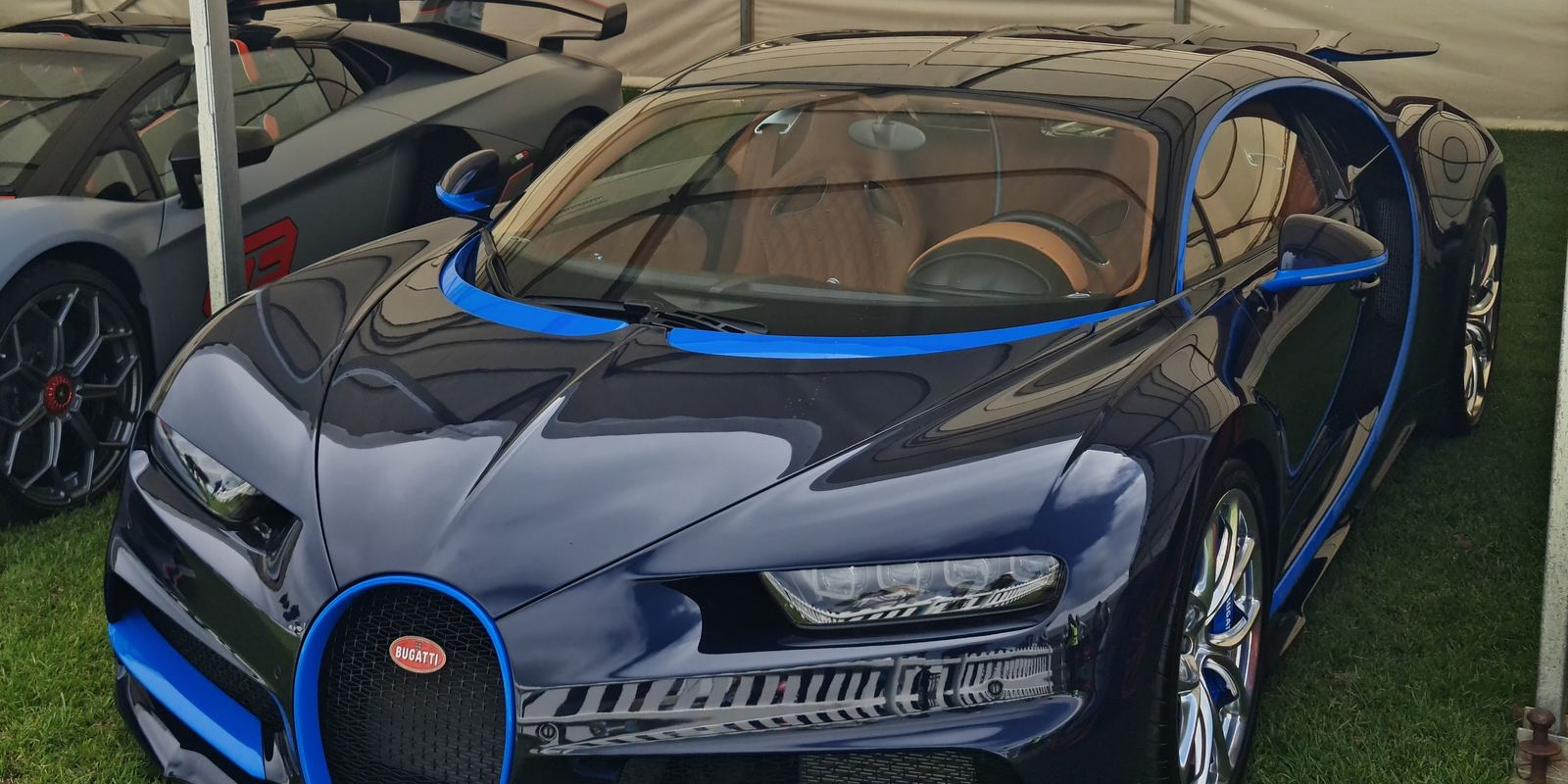 A two-tone blue Bugatti Chiron parked on grass at a car show