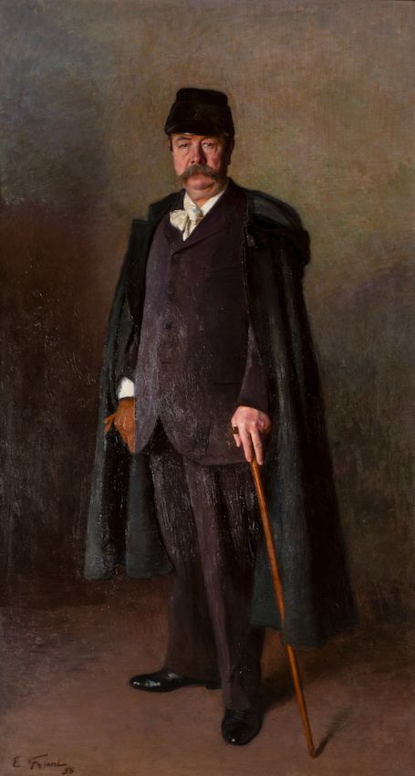 A painted portrait of Charles Frederick Worth in a dark coat and hat, 1893