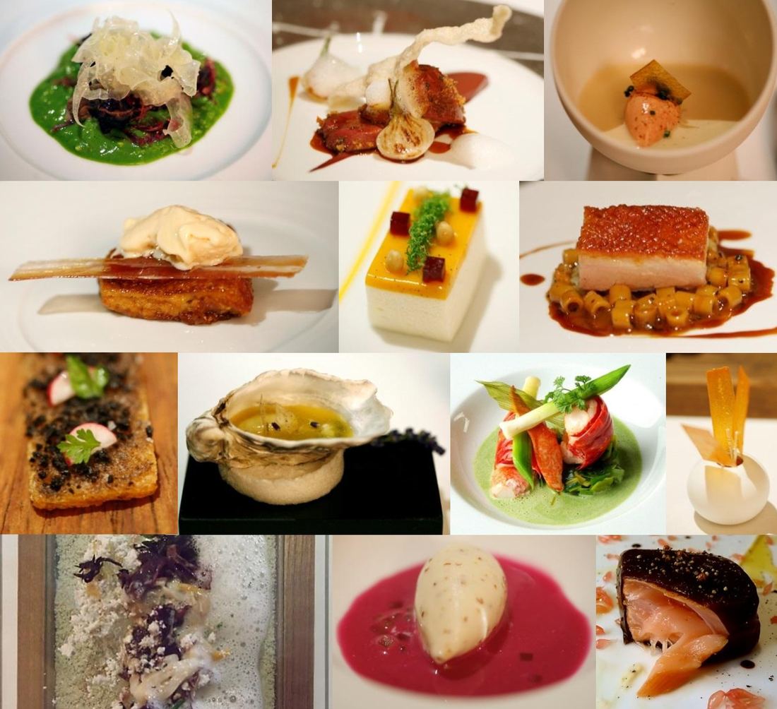 A grid of elegant plated dishes from Michelin-starred restaurants